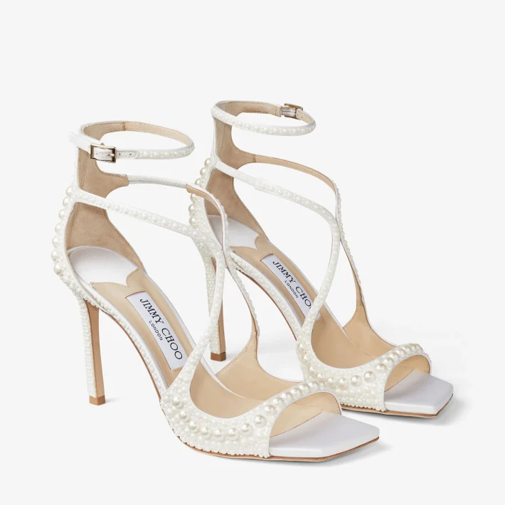 Jimmy Choo Azia 95 White Satin Sandals with All-Over Pearls